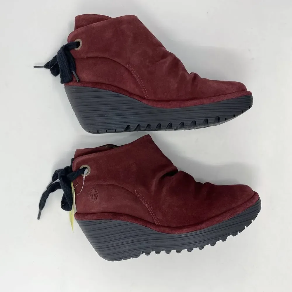 Fly London Women's NEW Yebi Wine Suede Ruched Ankle Booties EU 36 US 5.5 Wedge